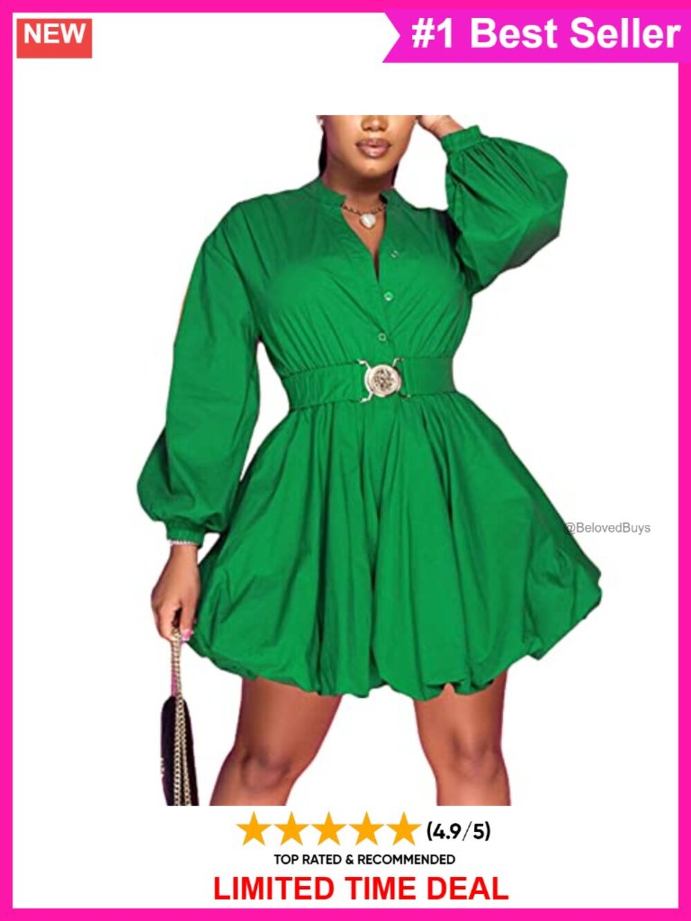 Button Down Shirt Dress Long Sleeve A-Line Mini with Belt